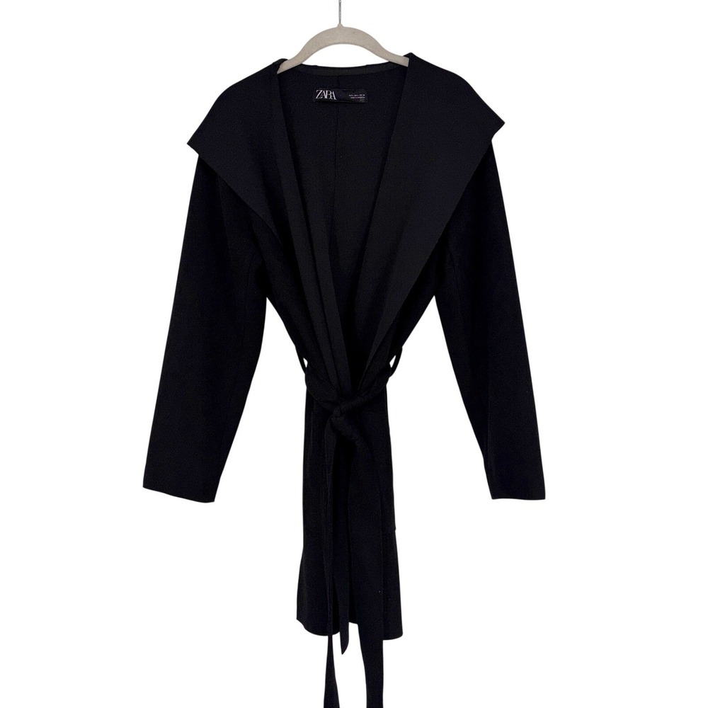 Zara Women's Belted Blazer Jacket Large Black Hooded Shawl Collar City Career